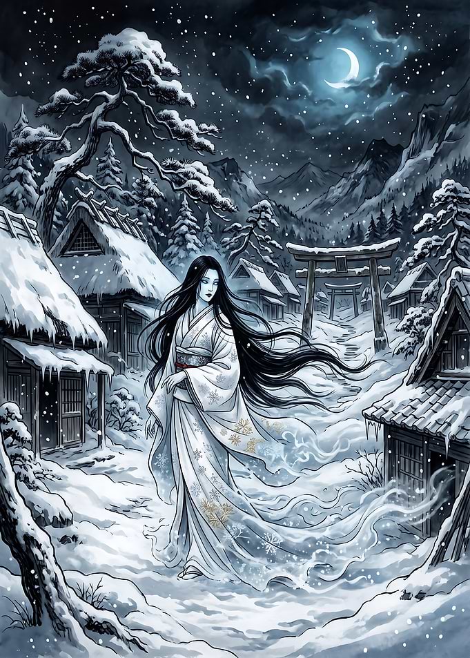 Yuki-onna in a Snowy Japanese Village