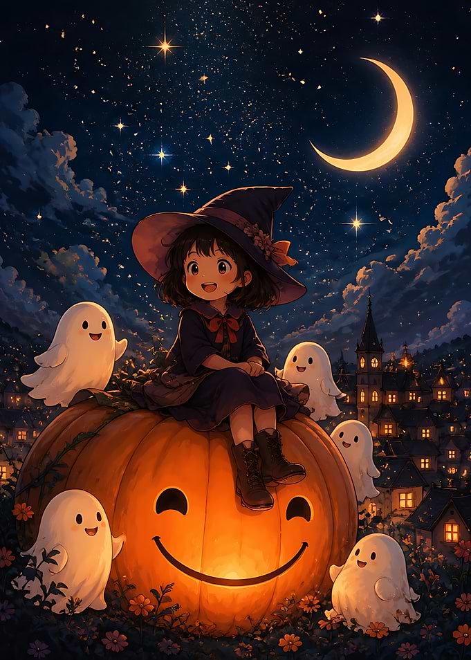Cute Witch Sitting on Giant Pumpkin