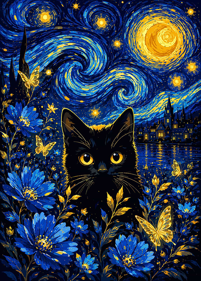 Black Cat in Starry Night Garden