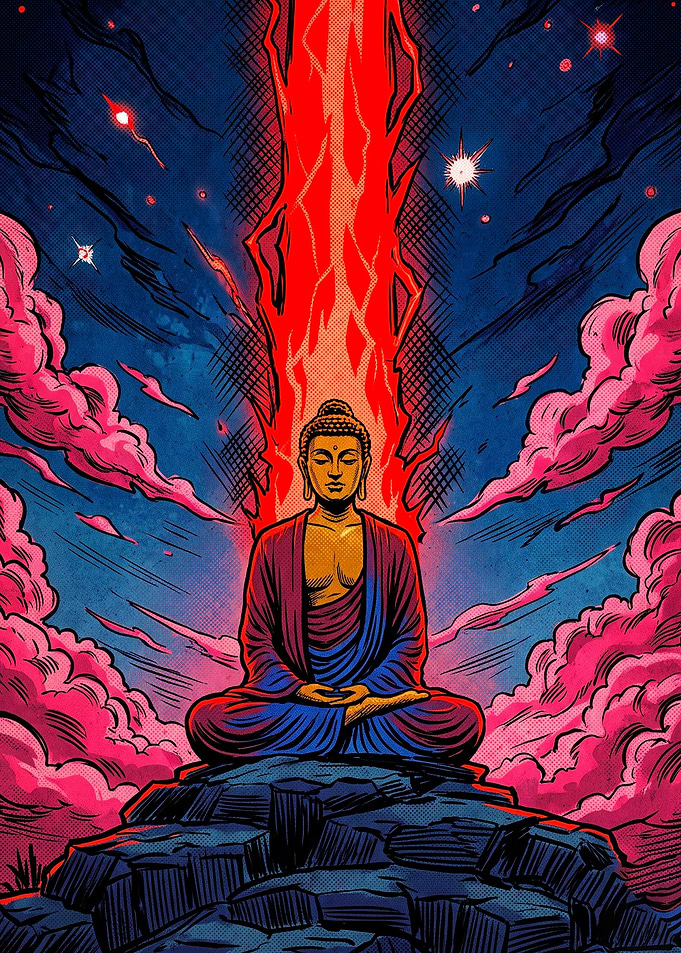 Meditating Buddha with Red Energy Aura
