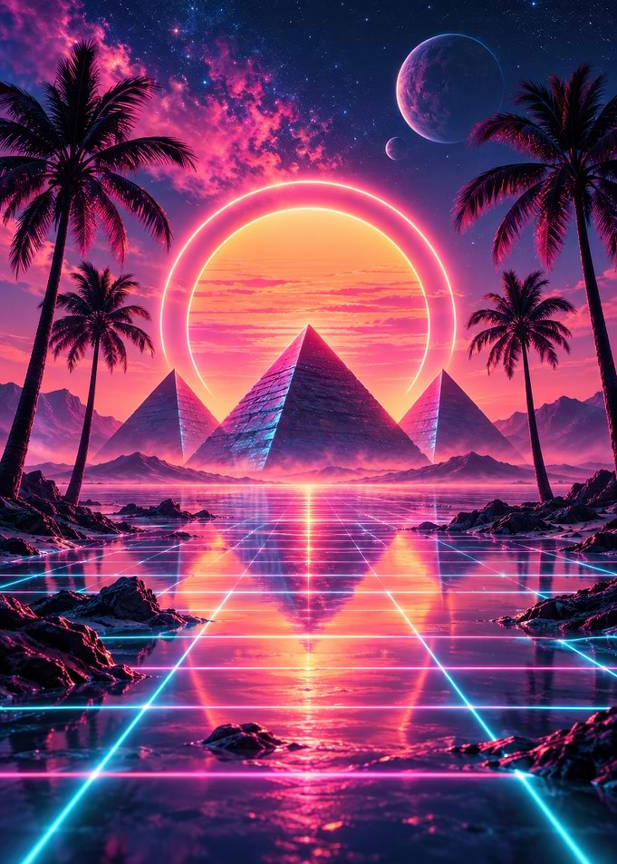 Synthwave Pyramid Landscape with Neon Grid