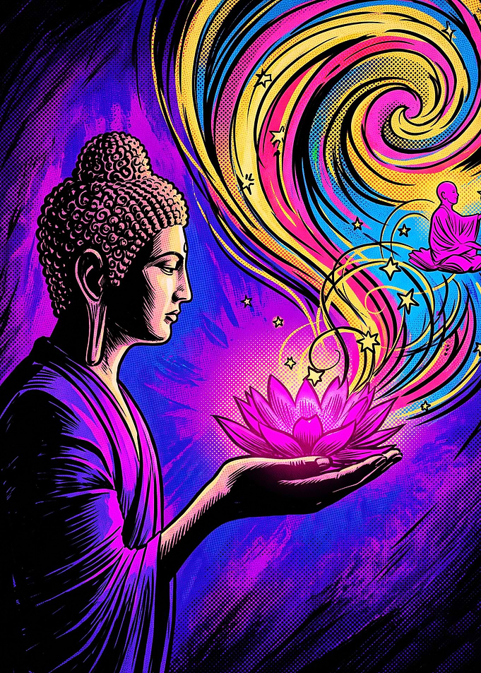 Psychedelic Buddha Holding Lotus Flower