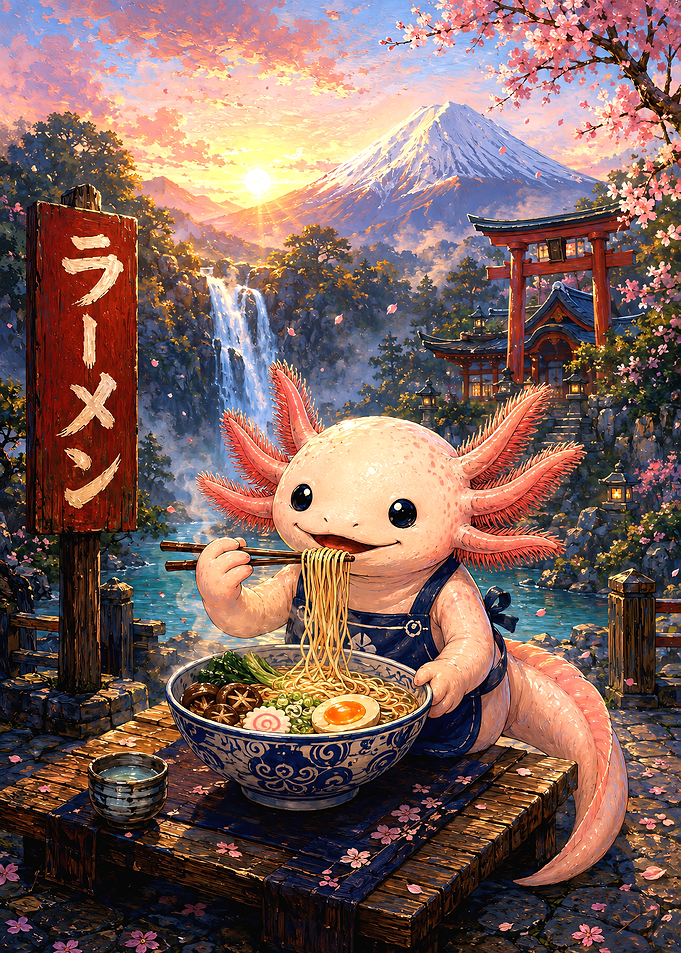 Axolotl Eating Ramen in Japan
