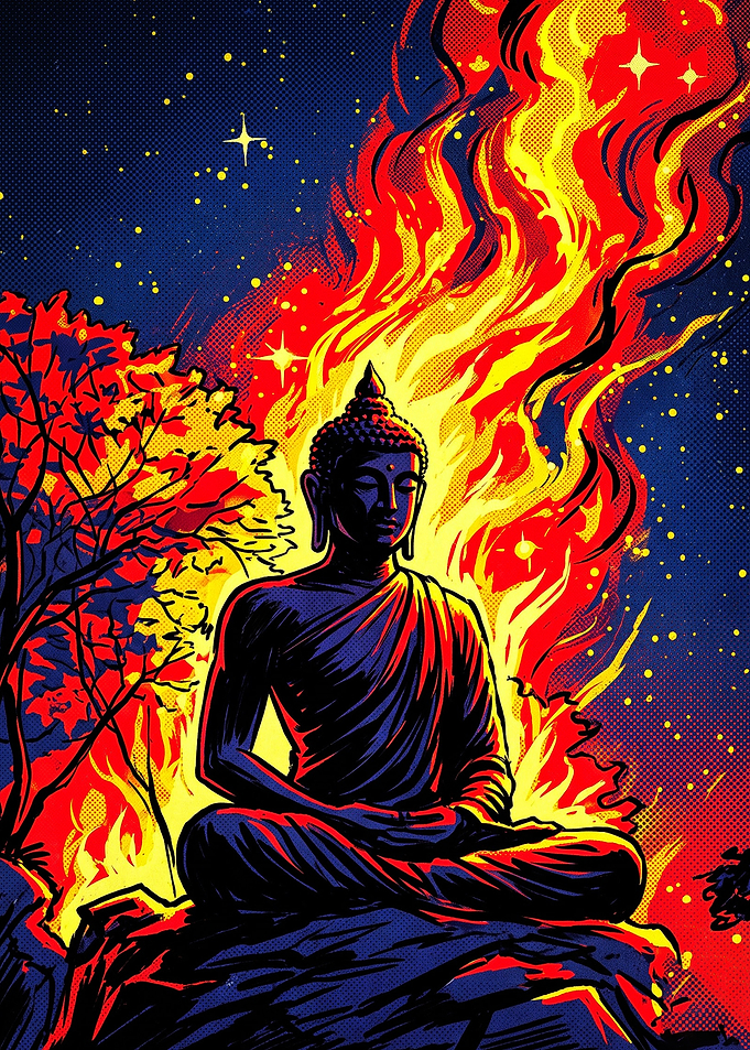 Meditating Buddha in Vibrant Flames