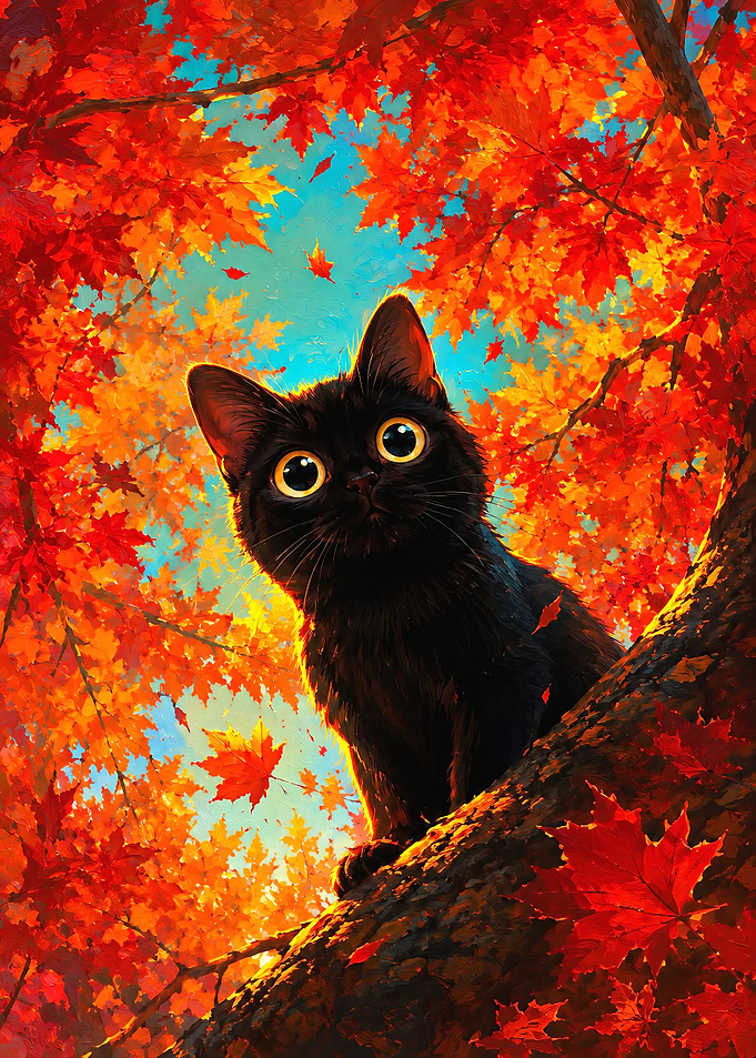Black Cat in Autumn Leaves