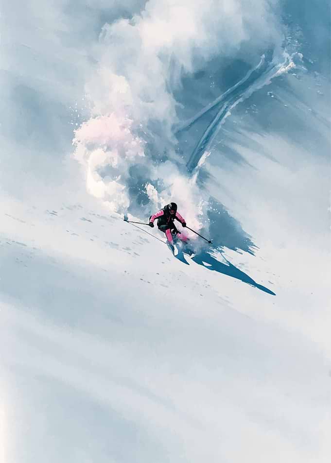 Skier carving through deep powder snow