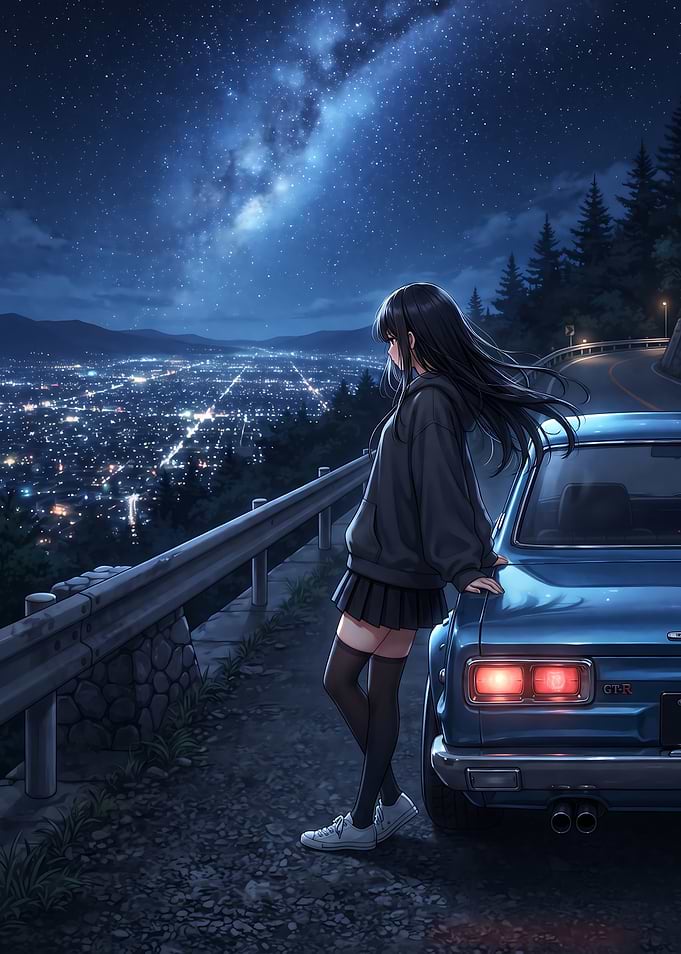 Anime Girl Leaning on Classic Car