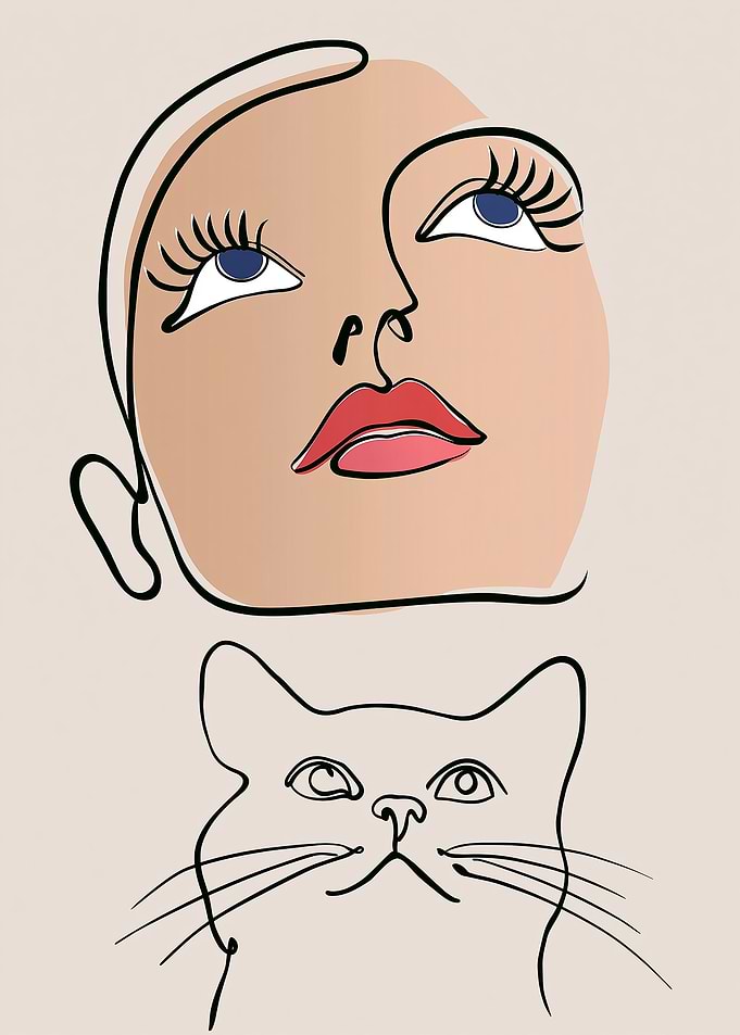 Minimalist Line Art Woman and Cat