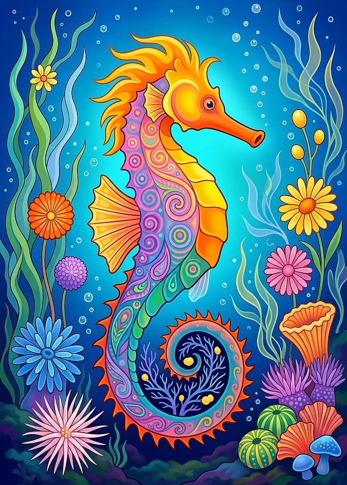 Vibrant Psychedelic Seahorse Underwater Scene