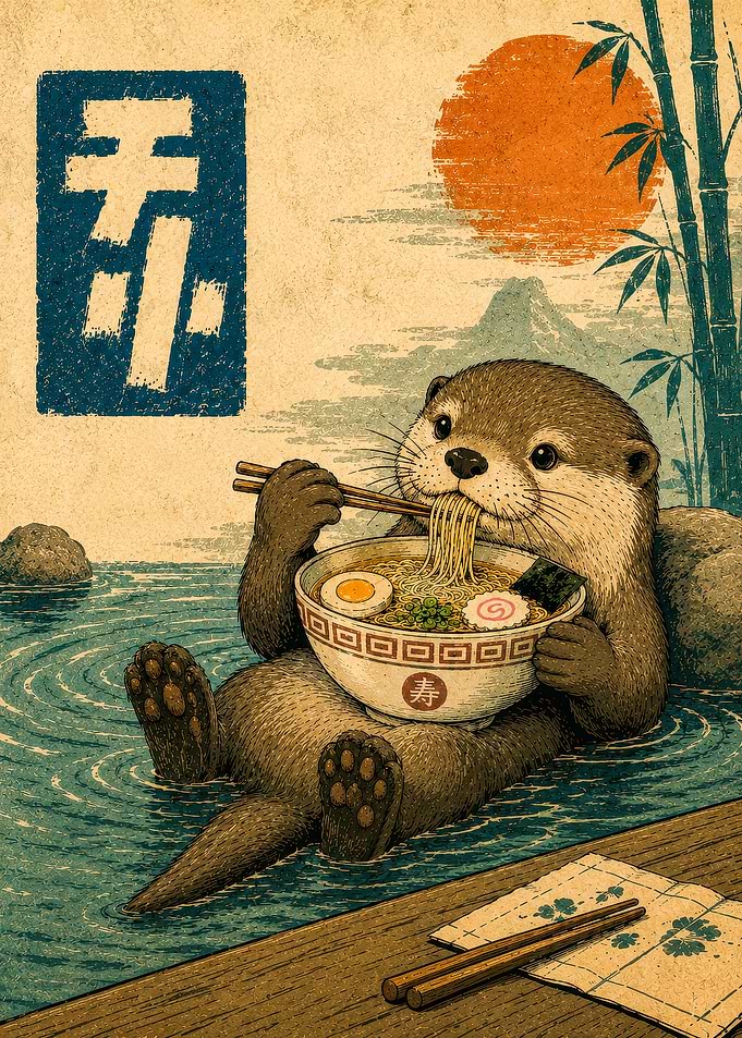 Cute Otter Eating Ramen Illustration