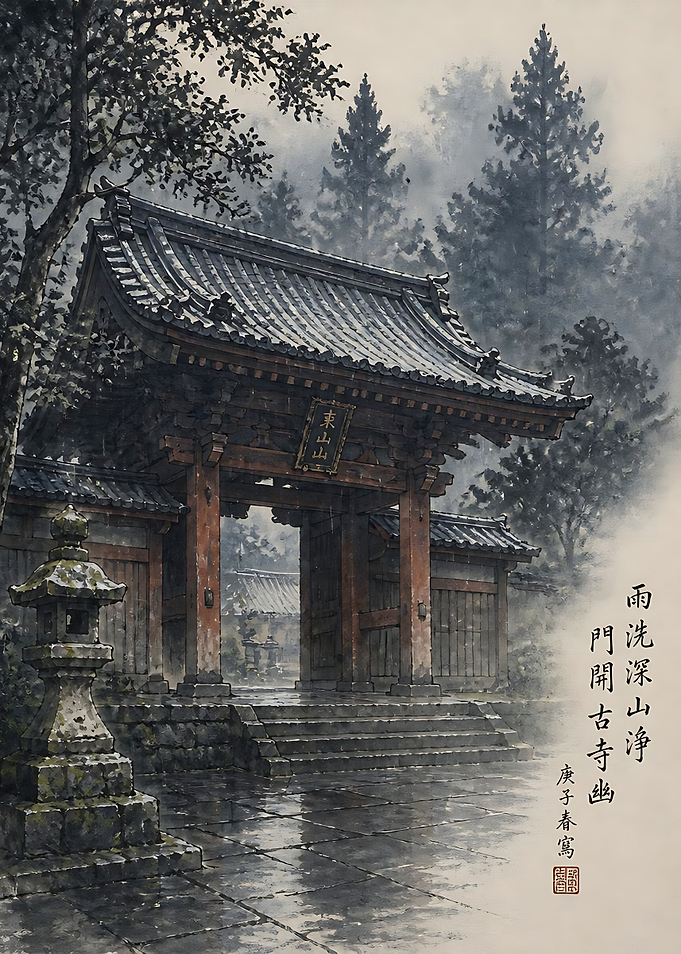 Rainy Day at Ancient Temple Gate