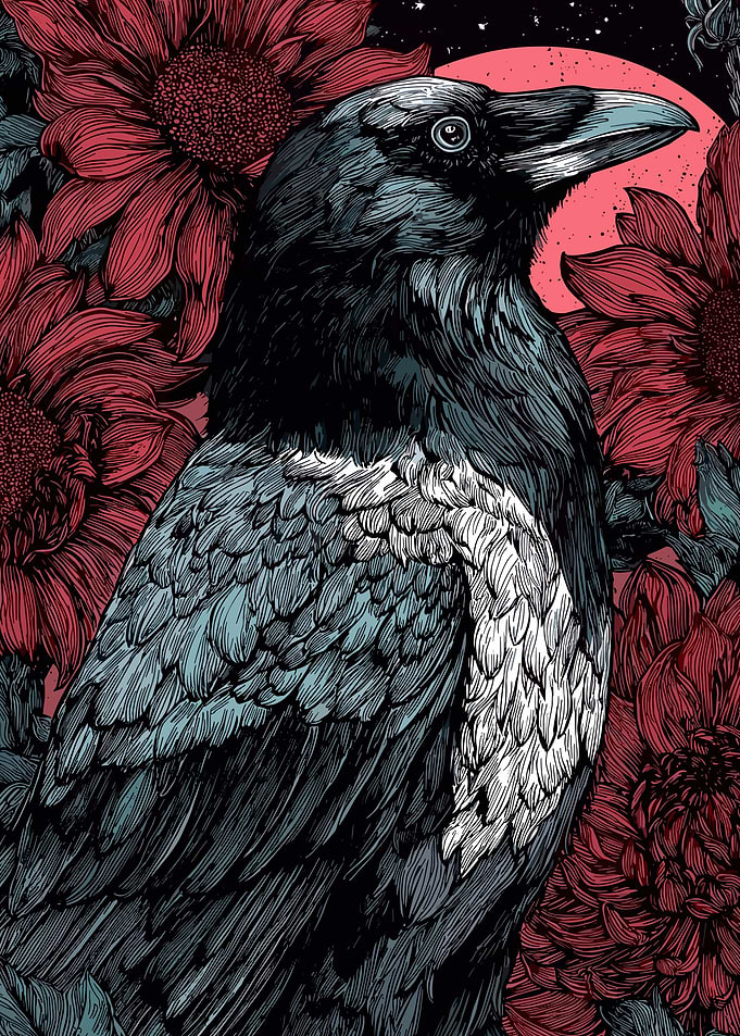 Raven Amidst Red Floral Blooms