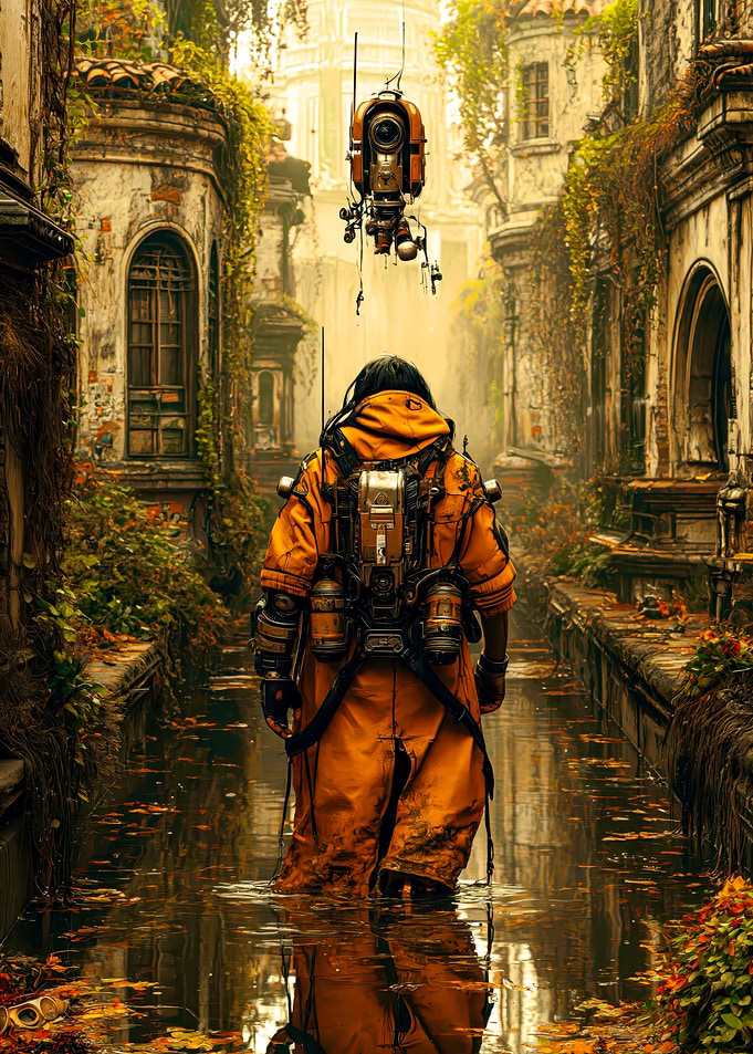 Explorer in a Flooded Ruined City