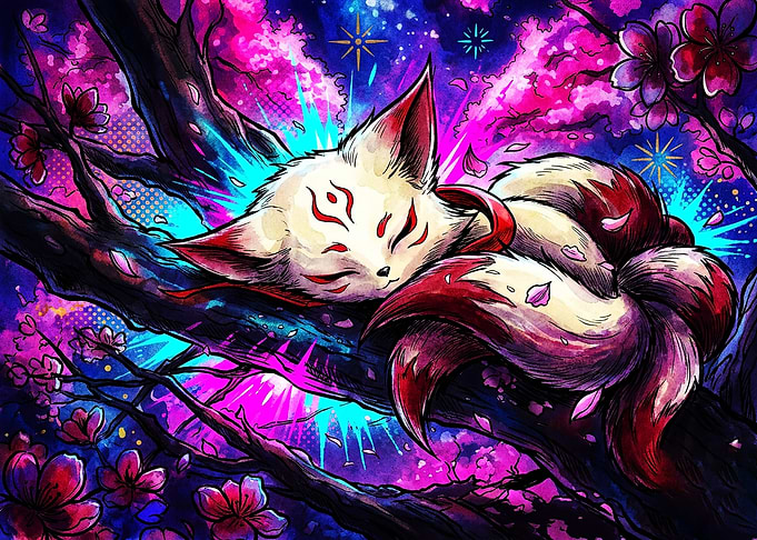 Sleeping Kitsune in Cherry Blossom Tree
