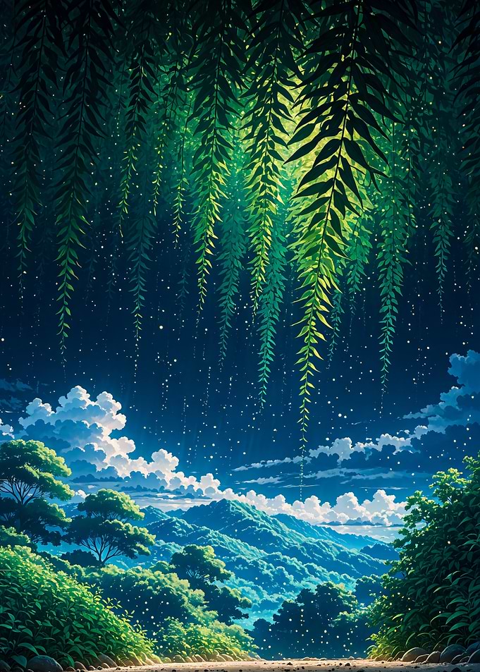 Enchanted Forest Under Starry Night Sky Landscape