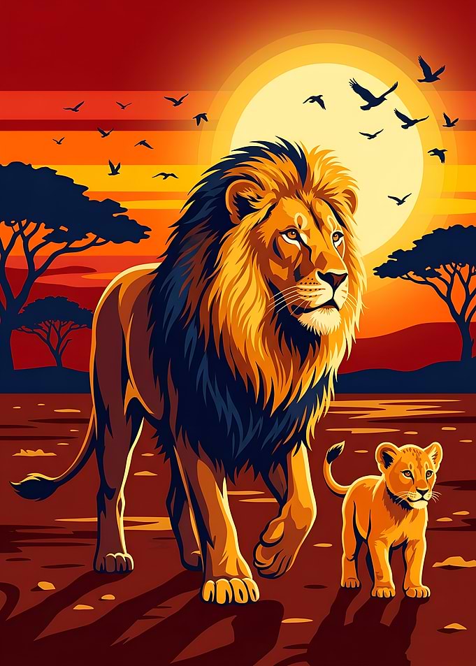 Lion and Cub in African Sunset