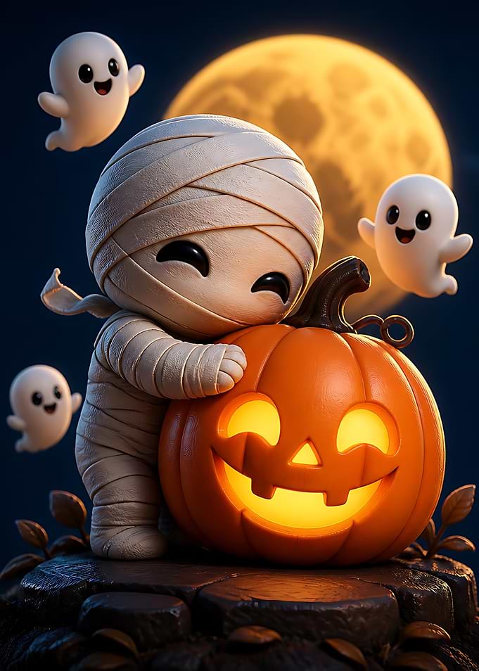 Cute Mummy Hugging a Jack-o'-lantern