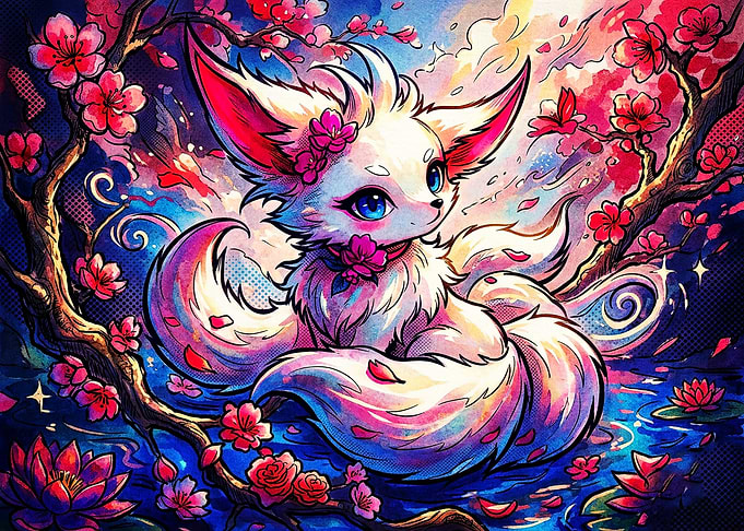 Cute Kitsune Fox in Cherry Blossoms