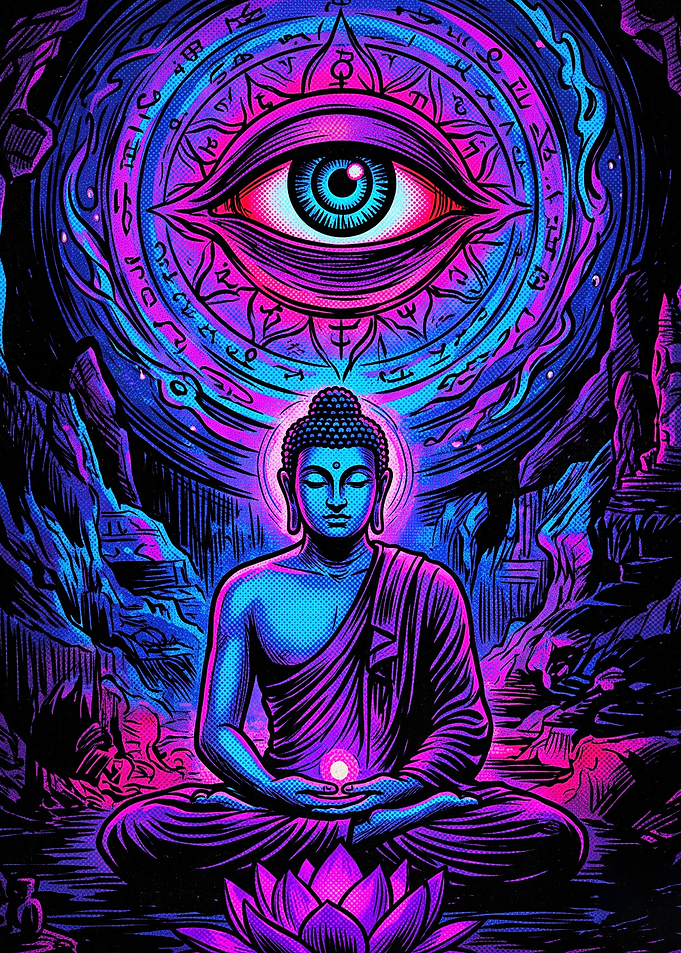 Neon Psychedelic Buddha Meditation Art