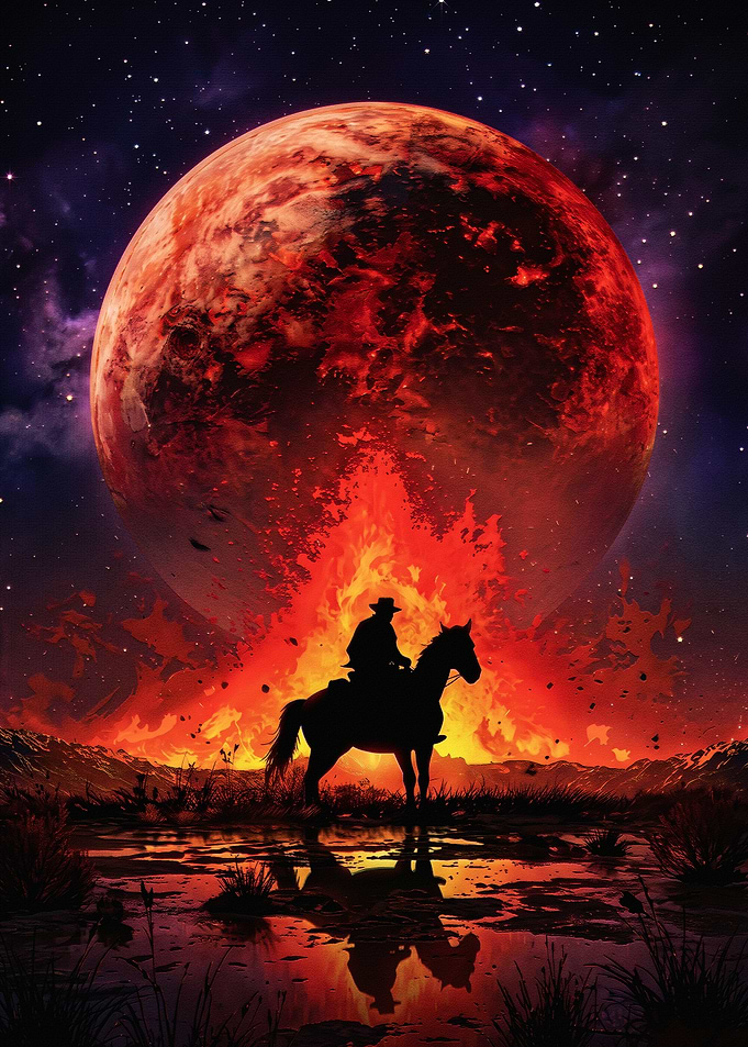 Cowboy Silhouette Under Blood Moon
