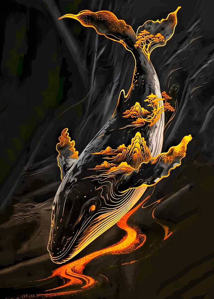 Golden Mountain Landscape Whale Art