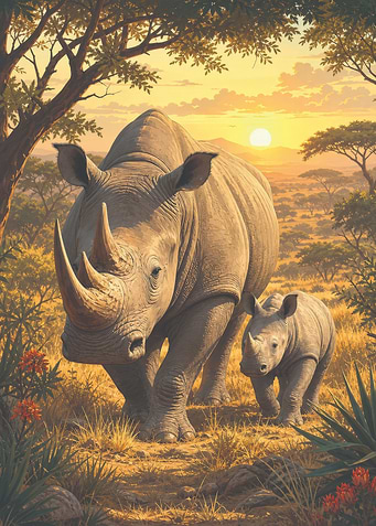 Rhino Mother and Calf at Sunset