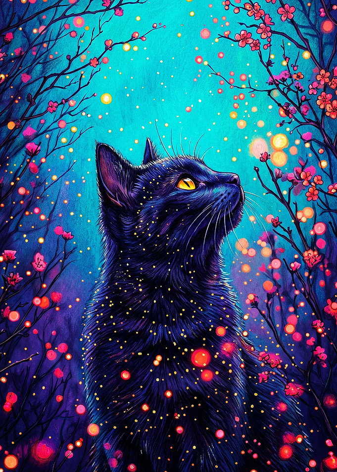 Magical Black Cat in Cherry Blossoms