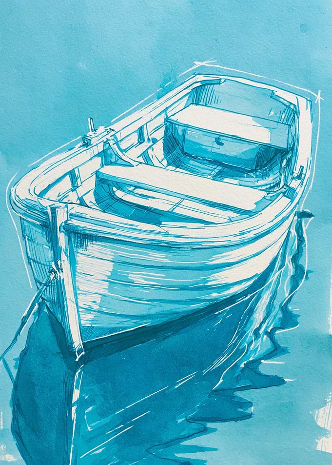 Monochromatic Blue Watercolor Rowboat Illustration
