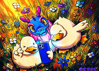 Cute Dragon and Ducks Taking Selfie