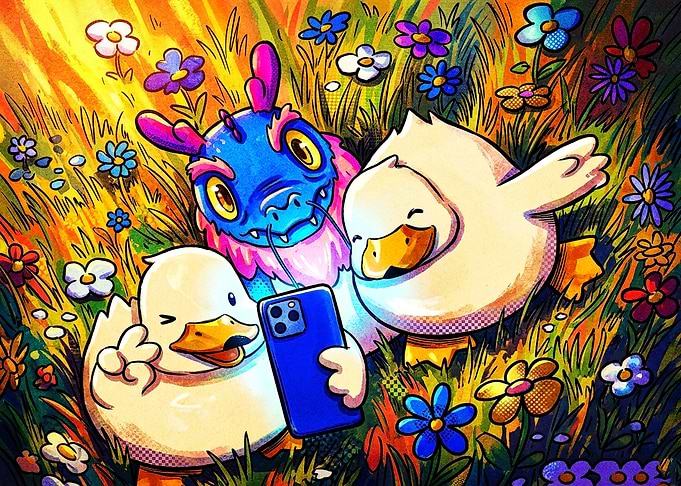 Cute Dragon and Ducks Taking Selfie