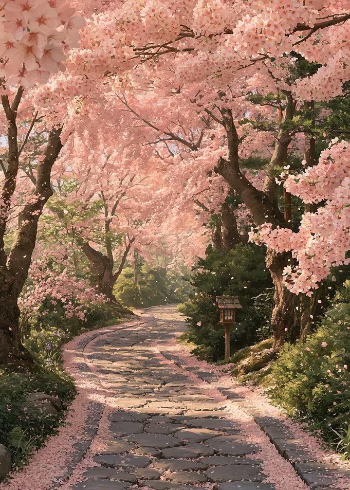 Stone Path Under Cherry Blossoms