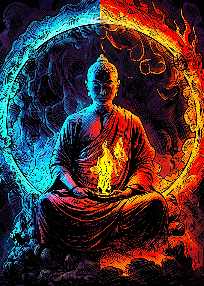 Meditating Buddha with Dual Fire Aura