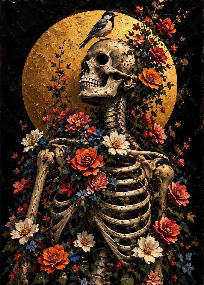 Floral Skeleton with Bird Painting