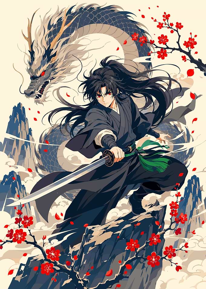Anime Warrior with Dragon and Blossoms
