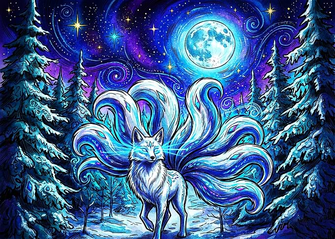 Nine-Tailed Fox in Snowy Forest