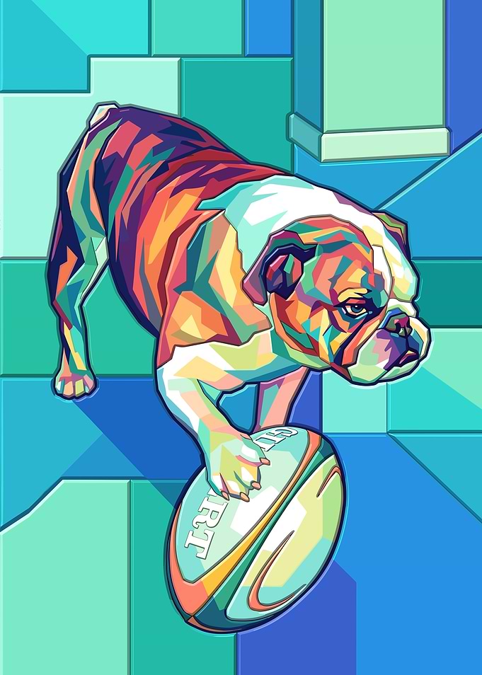 Pop Art Bulldog with Rugby Ball