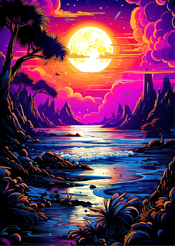 Vibrant Neon Sunset Over Tropical Coast