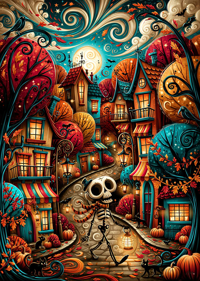 Whimsical Skeleton Halloween Village