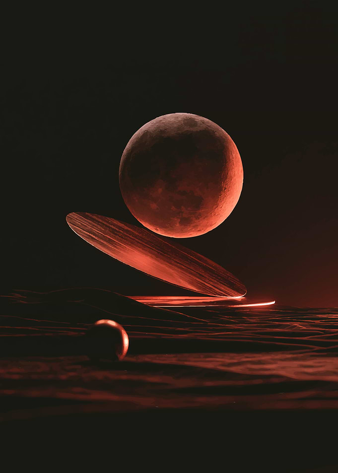 Surreal Red Moon and Floating Disc