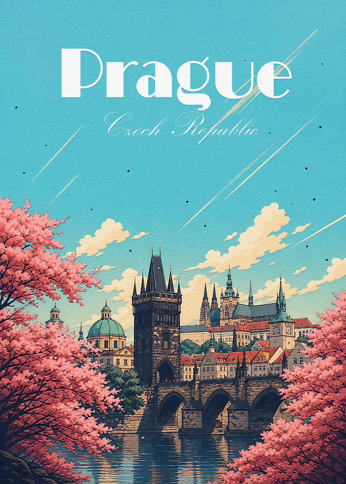 Prague Travel Poster with Cherry Blossoms