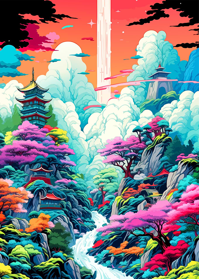 Vibrant Fantasy Pagoda Mountain Landscape
