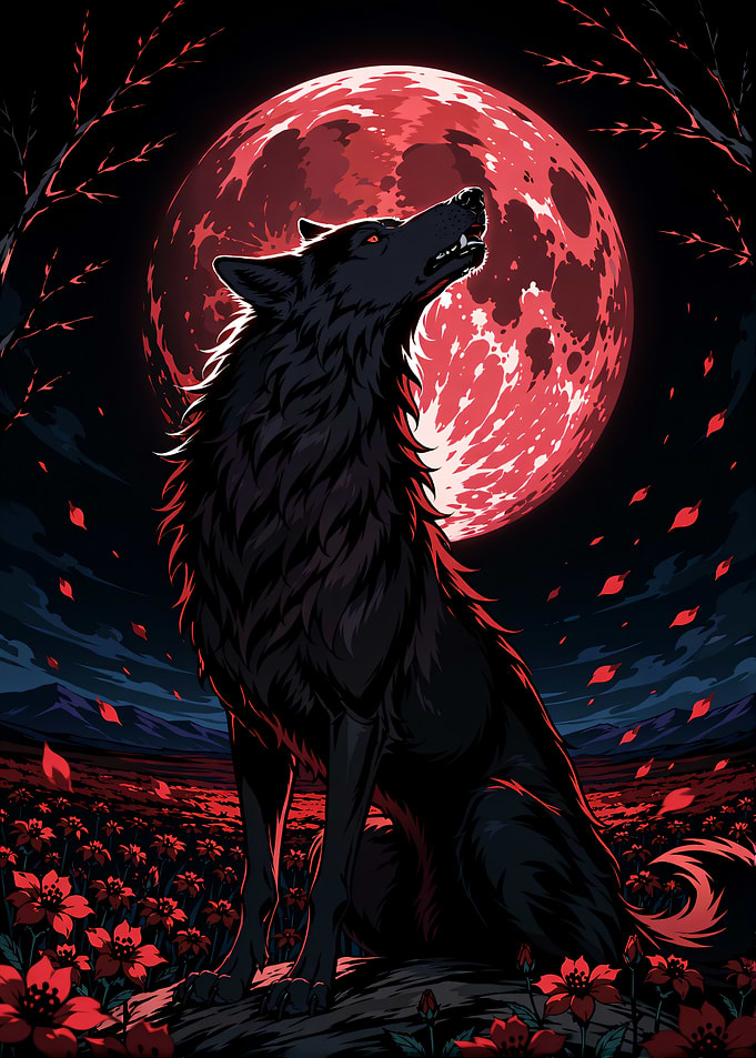Black Wolf Howling at Red Moon