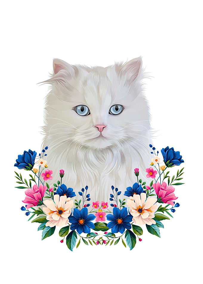 White Persian Cat with Floral Wreath