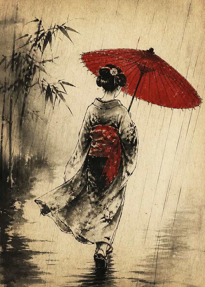 Geisha Walking in the Rain
