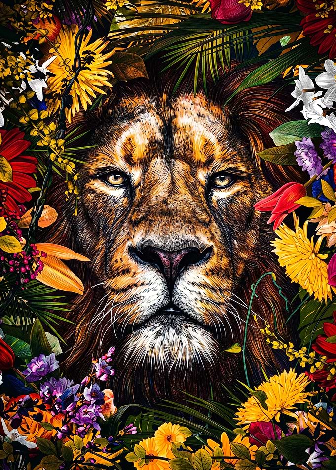 Majestic Lion Surrounded by Vibrant Flowers