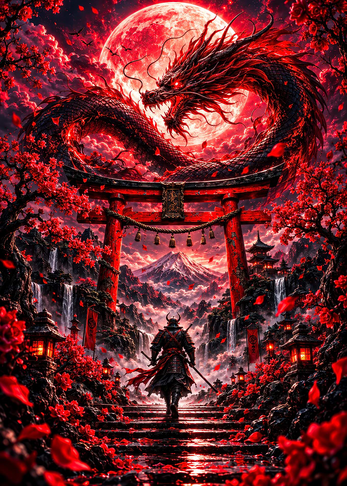 Samurai Facing Dragon Under Red Moon