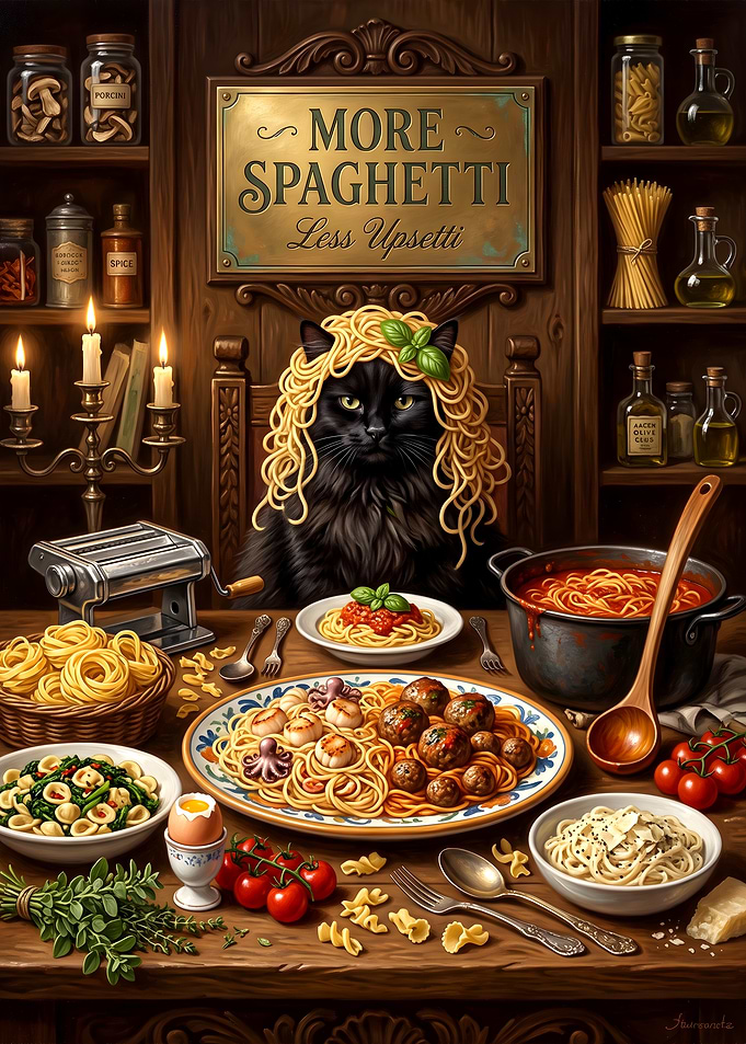 Black Cat Eating Spaghetti Dinner