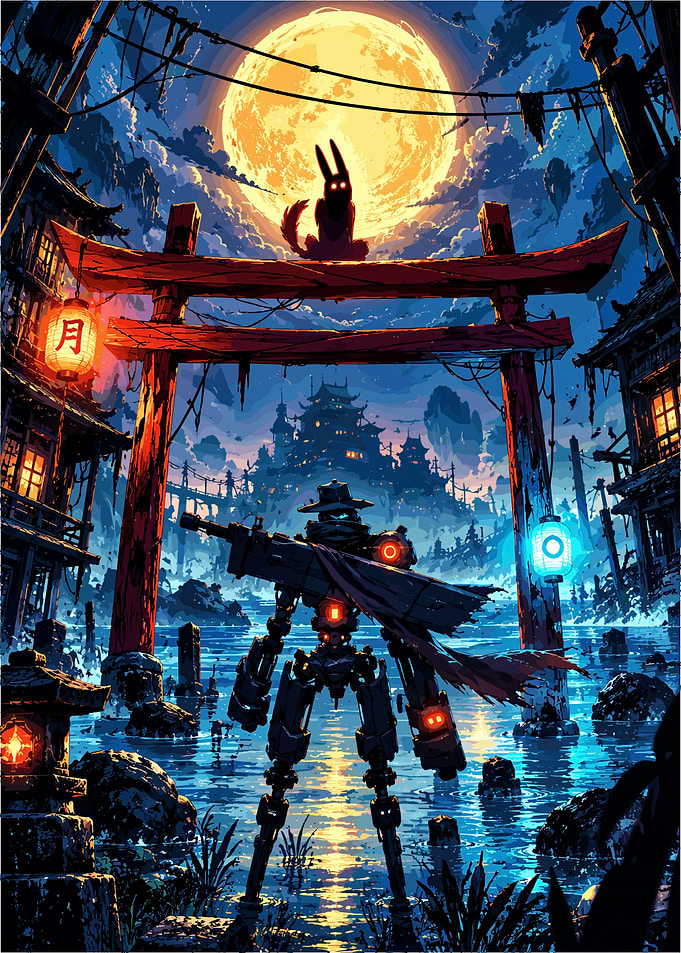 Cyberpunk Ronin Robot at Torii Gate