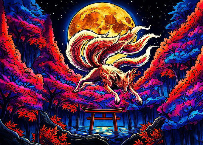 Nine-Tailed Kitsune Under Full Moon