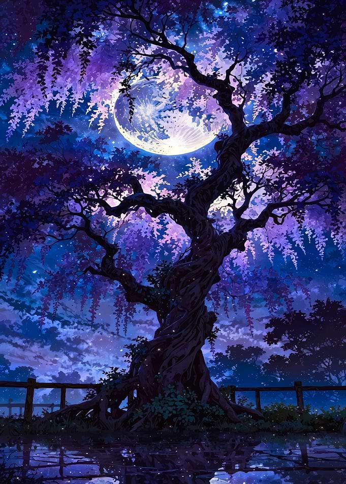 Glowing Wisteria Tree Under Moonlight